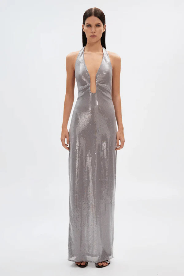 misha silver dress Misha THE 'ALUSIA' SEQUIN DRESS