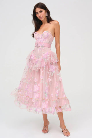 For Love & Lemons Emmeline Embroidery Midi Dress - Pink