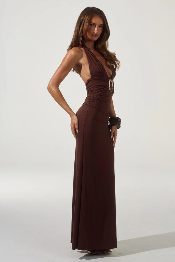 arina halter maxi dress Runaway the Label - Espresso Meg Matte Satin Dress Web Collection: Transitional to AW39 runway australia color:SMOKY BLUE
