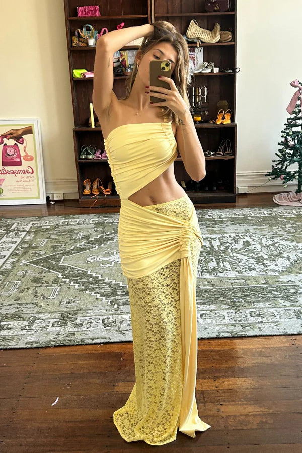 Deconduarte Paradiso Lace Dress - Baby Yellow - Dress Hire AU Deconduarte Paradiso Lace Dress - Baby Yellow - Dress Hire AU
