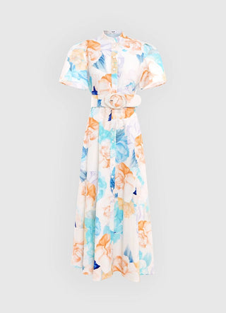 Leo Lin Bianca Short Sleeve Midi Dress - Rosebud Print in Cream