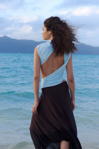 Bec & Bridge Conni Asym Midi Dress - Arctic Blue/Dark Choc