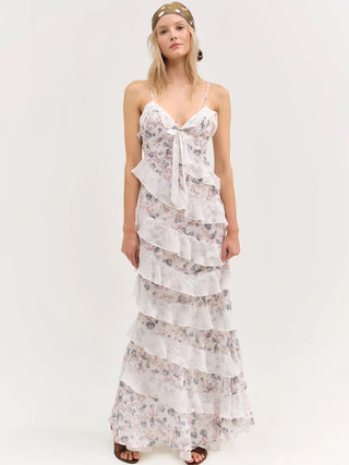 For Love & Lemons Debby Ruffled Maxi Dress - White