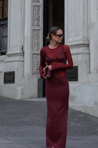 Suboo Auguste Long Sleeve Mesh Jersey Maxi Dress - Bordeaux
