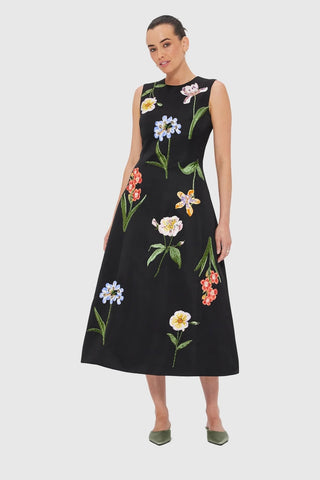 Leo Lin Cleo Embroidery Midi Dress - Botanical Print in Ebony