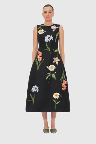 Leo Lin Cleo Embroidery Midi Dress - Botanical Print in Ebony