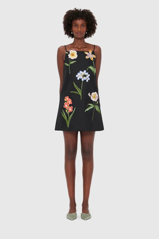 Leo Lin Leia Embroidery Mini Dress - Botanical Print in Ebony
