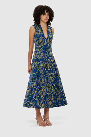 Leo Lin Nicole V Neck Midi Dress - Marine Blue