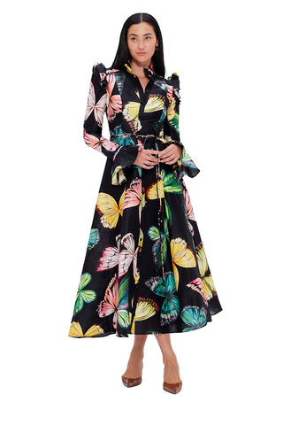 Leo Lin Katrina Butterfly Sleeve Midi Dress - Papillon Print in Black