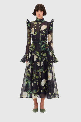 Leo Lin Katrina Butterfly Sleeve Midi Dress - White Rose Print in Black