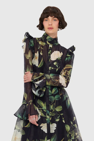 Leo Lin Katrina Butterfly Sleeve Midi Dress - White Rose Print in Black