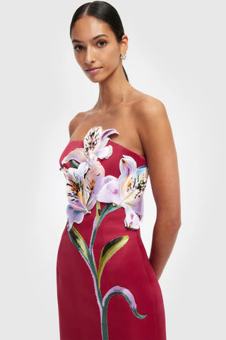 Leo Lin Rayna Appliqué Floral Maxi Dress - Lily Print in Oxblood