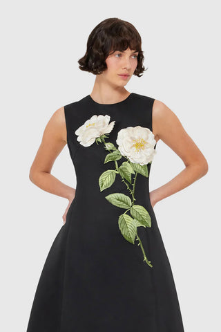 Leo Lin Cleo Embellished Sleeveless Midi Dress - White Rose Print in Black