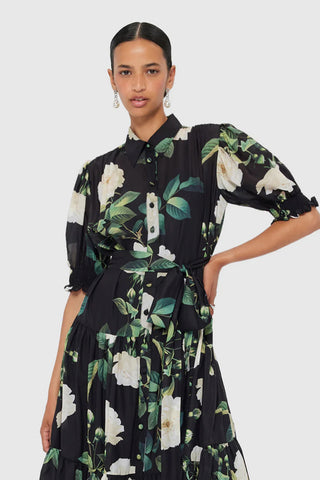 Leo Lin Ellie Bishop Midi Dress - White Rose Print in Black