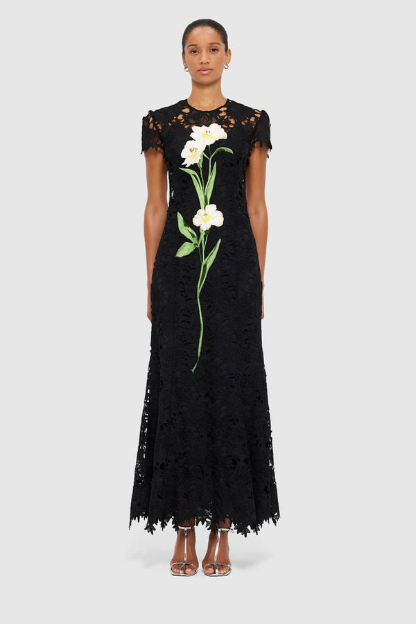 Leo Lin Monique Embroidered Lace Maxi Dress - Ebony - Dress Hire AU