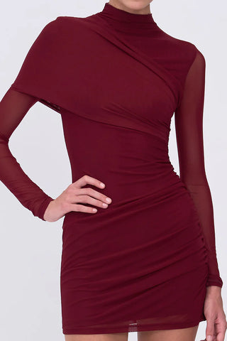 Suboo Christy Mesh Draped Long Sleeve Mini Dress - Bordeaux