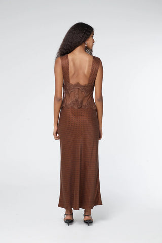 Third Form Visions Lace Deep V Neck Maxi Dress - Chocolate Polka Dot