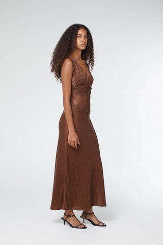 Third Form Visions Lace Deep V Neck Maxi Dress - Chocolate Polka Dot
