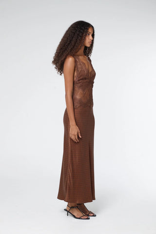 Third Form Visions Lace Deep V Neck Maxi Dress - Chocolate Polka Dot