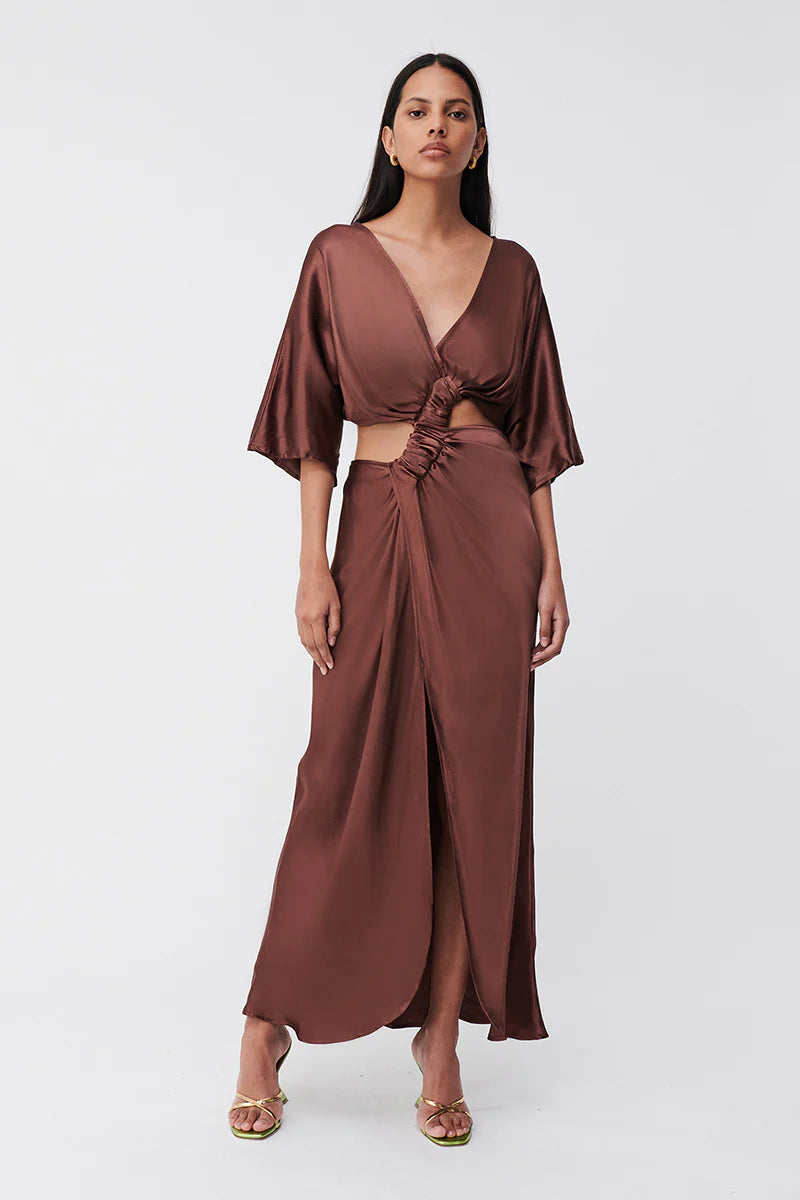 Suboo Tate Twist Wrap Front Maxi Dress Chocolate Dress Hire AU