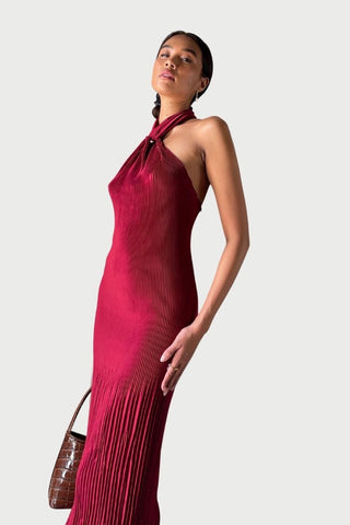L'idée Soirée Pleated Halter Dress - Ruby