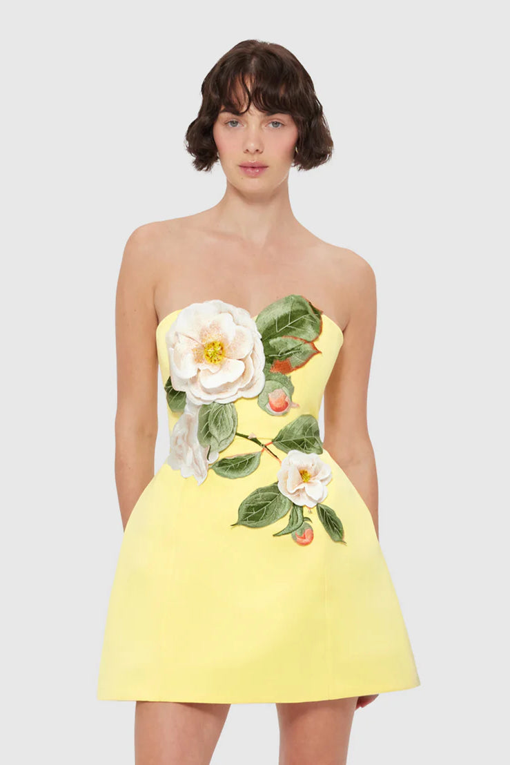 Leo Lin Rosario Appliqu Bustier Mini Dress - Sorbet Yellow - Dress Hire AU Leo Lin Rosario Appliqu Bustier Mini Dress - Sorbet Yellow - Dress Hire AU