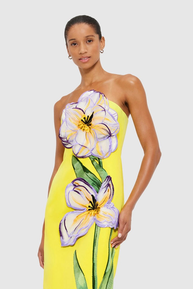Leo Lin Rayna Appliqu Floral Maxi Dress - Iris Print in Yellow - Dress Hire AU Leo Lin Rayna Appliqu Floral Maxi Dress - Iris Print in Yellow - Dress Hire AU