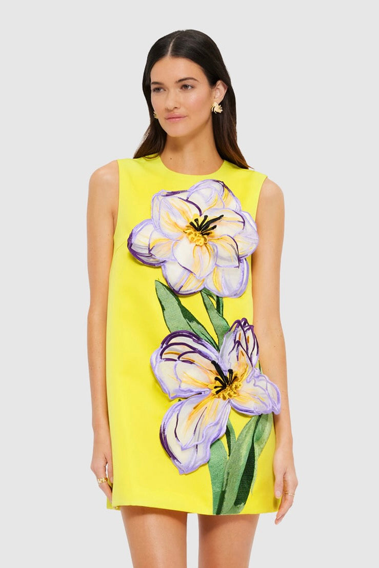 Leo Lin Yvonne Appliqu Floral Mini Dress - Iris Print in Yellow - Dress Hire AU Leo Lin Yvonne Appliqu Floral Mini Dress - Iris Print in Yellow - Dress Hire AU