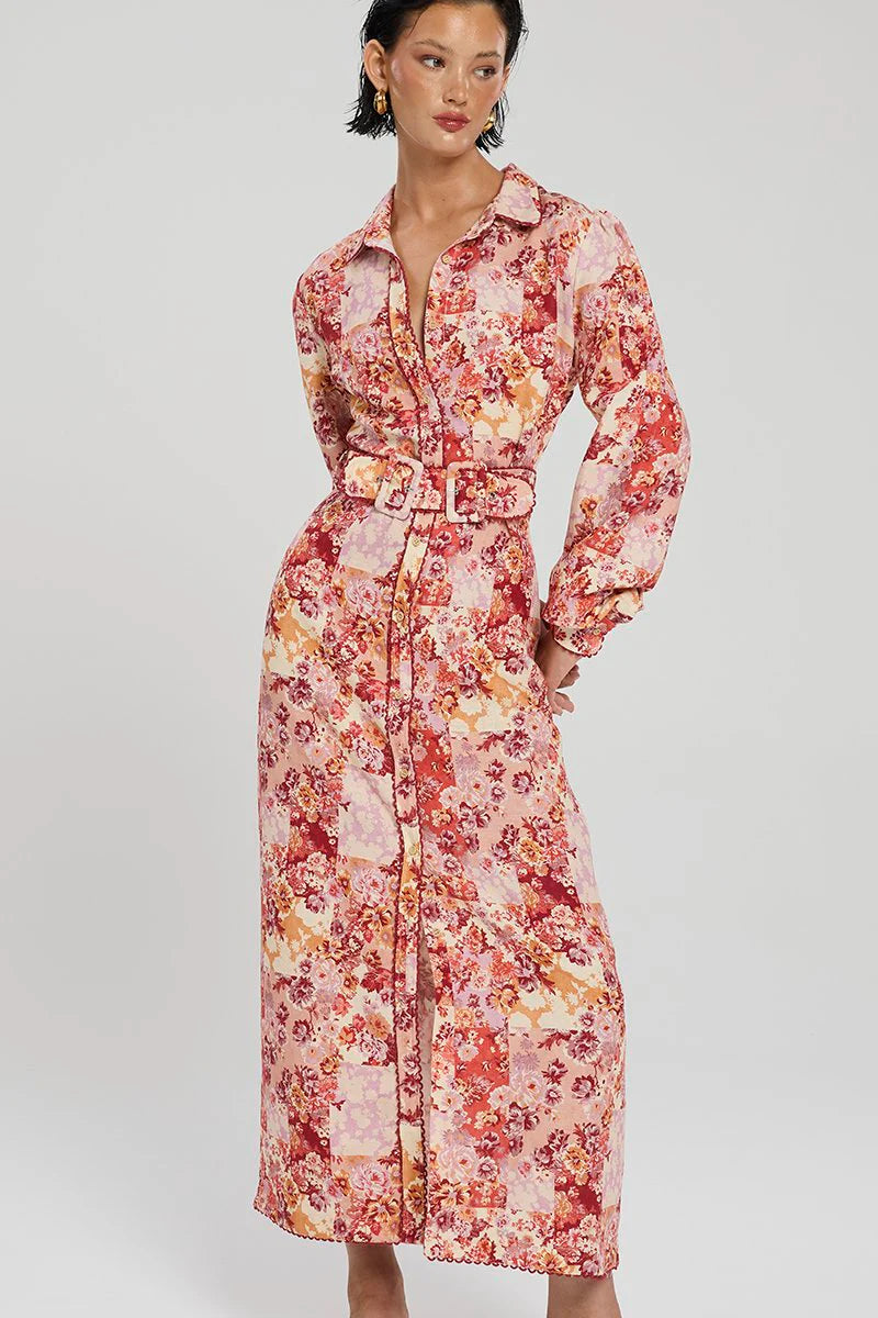 Winona Selca Button Up Midi Dress - Red Print