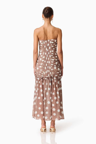 Elliatt Sola Polka Dot Strapless Gown - Brown & White