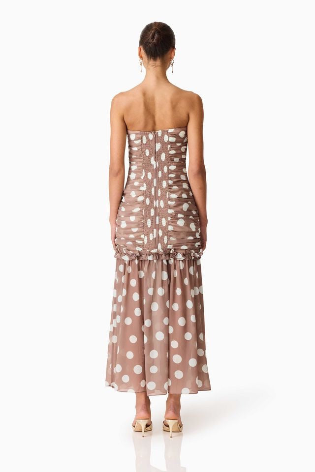 Elliatt Sola Polka Dot Strapless Gown - Brown & White