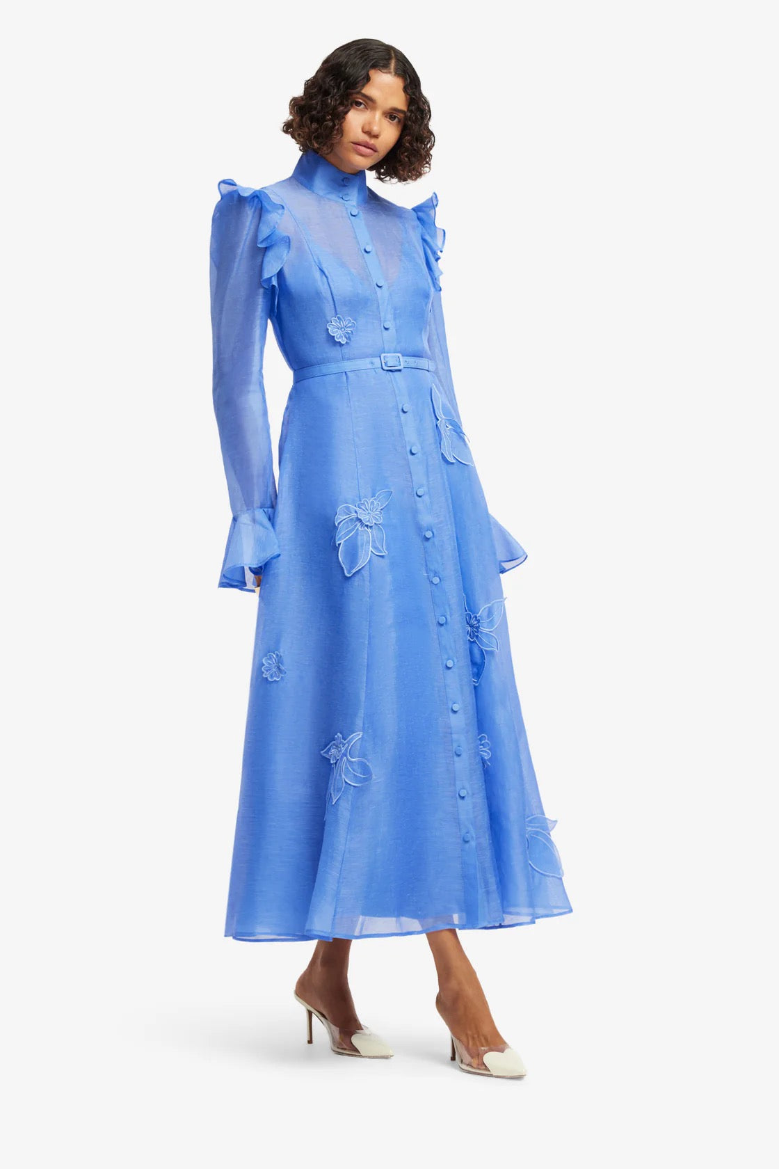 Leo Lin Katrina Applique Butterfly Sleeve Midi Dress - Azure