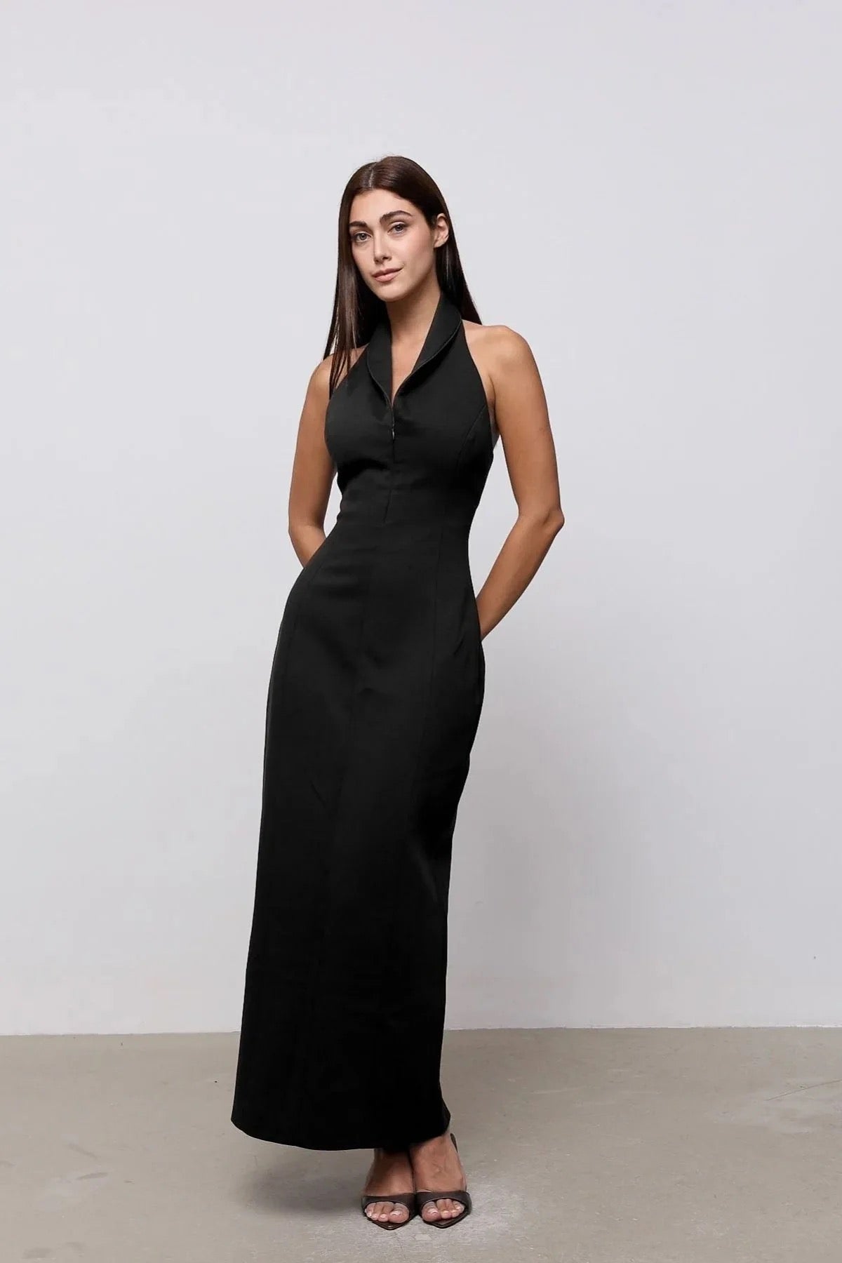 Odd Muse Cotton Mix Zip Collar Midi Dress - Black