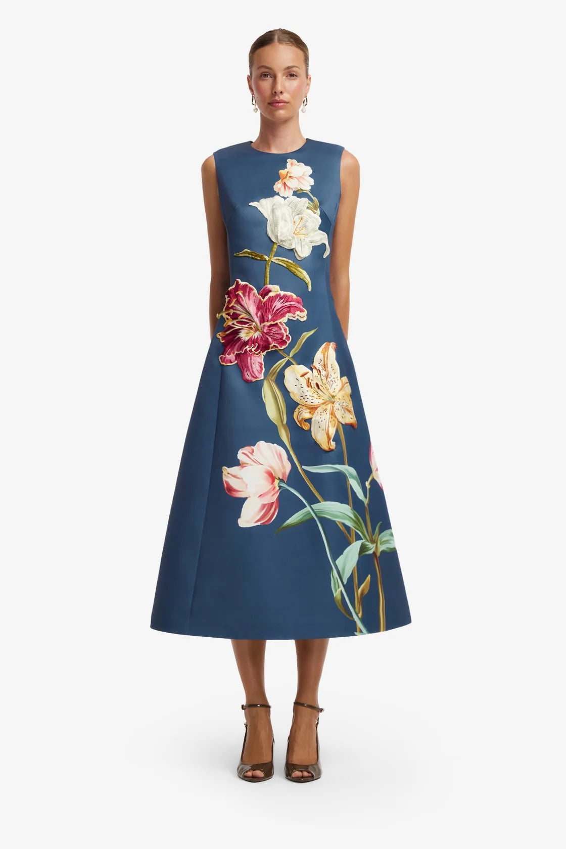 Leo Lin Cleo Embroidered Sleeveless Midi Dress - Lily Print in Indigo