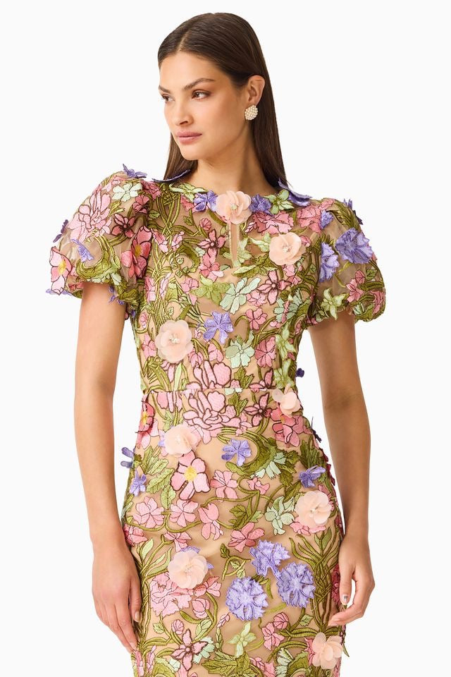 Elliatt Fiora Puff Sleeve Midi Dress - Green Multi
