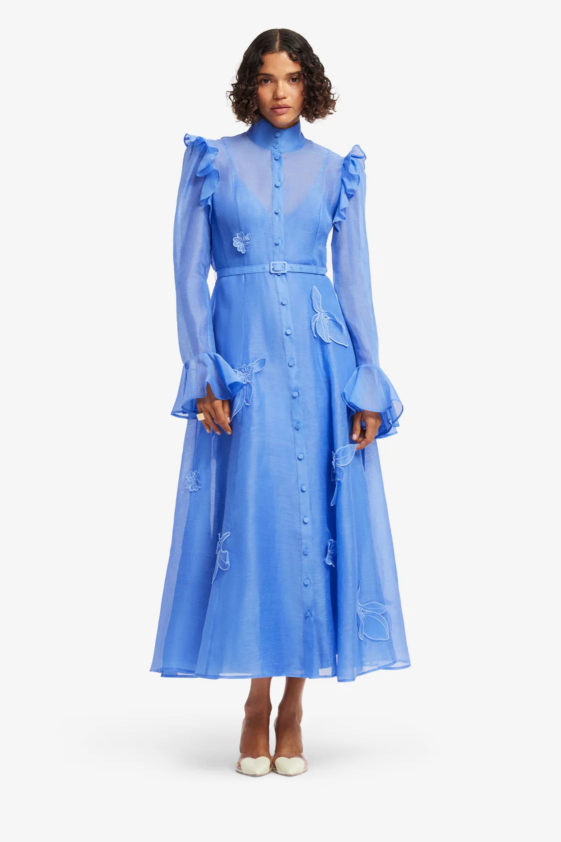 Leo Lin Katrina Applique Butterfly Sleeve Midi Dress - Azure