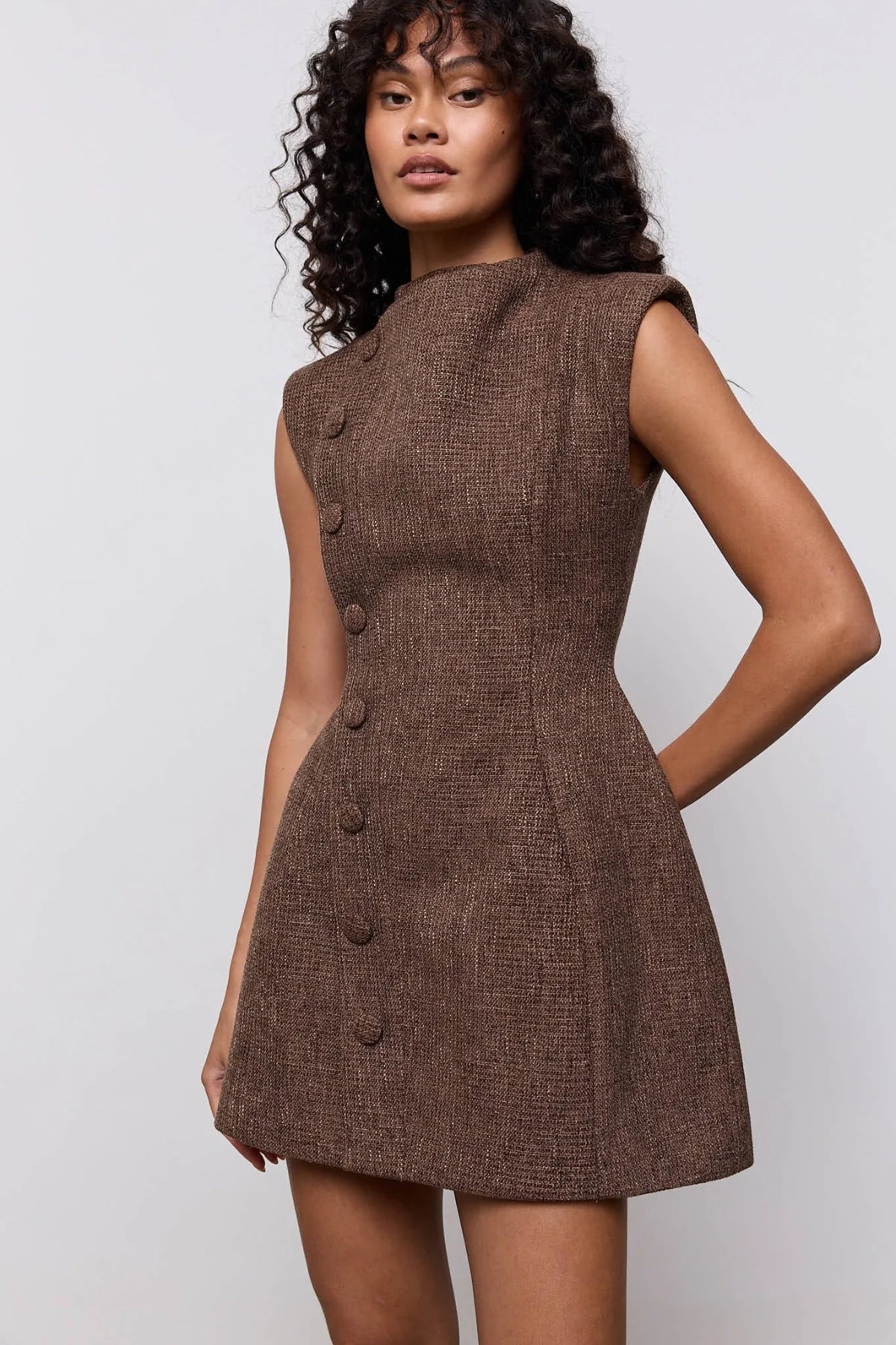 Odd Muse Tweed Button Detail Mini Dress - Dark Brown
