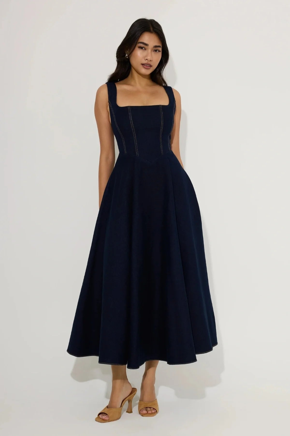 Odd Muse Cotton Mix Denim Square Neck Midi- Dark Blue