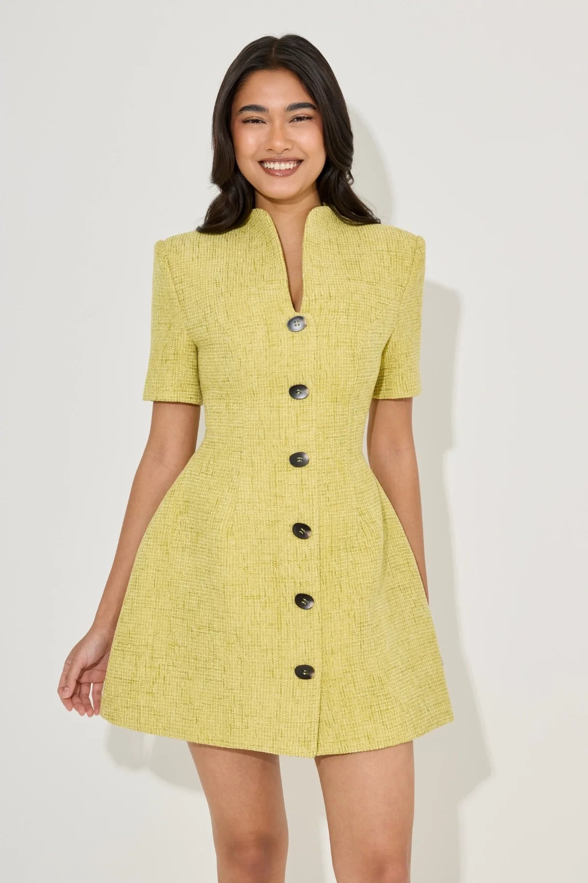 Odd Muse Cotton Boucle Button Mini Dress - Chartreuse