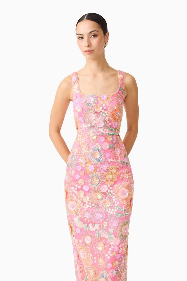 Elliatt Nathalie Column Ankle Grazer Dress - Pink Floral