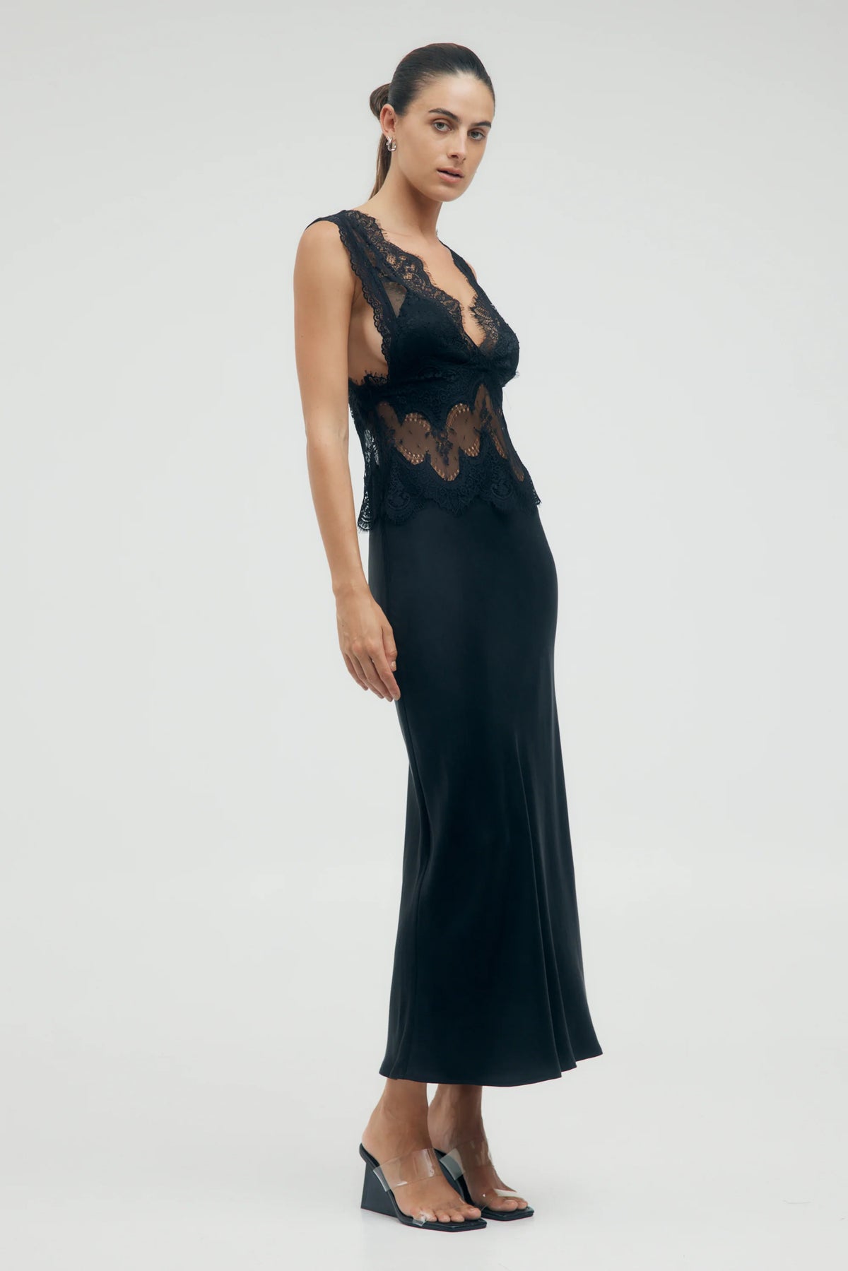 Third Form Visions Lace Deep V Neck Maxi Dress - Ebony