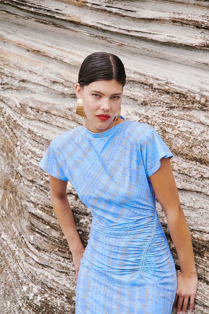 casual light blue long sleeve dress Light Blue Midi Summer Dress with Short Sleeves Light Blue / XSmall main image 1