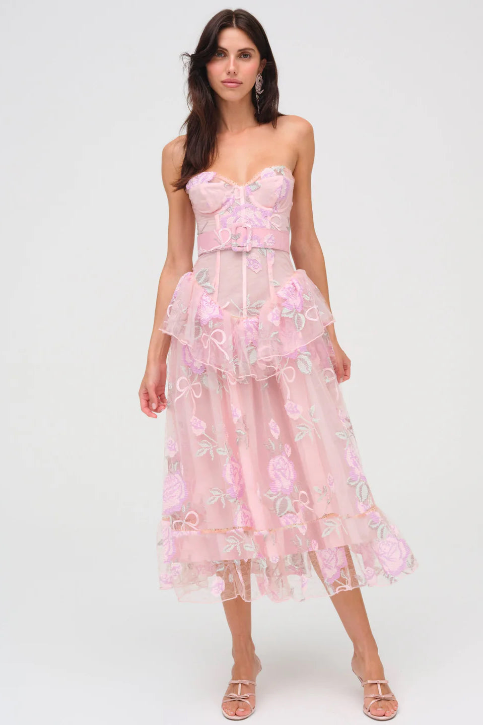 open lace back dress For Love & Lemons Emmeline Embroidery Midi Dress - Pink
