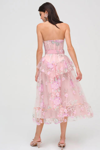 For Love & Lemons Emmeline Embroidery Midi Dress - Pink