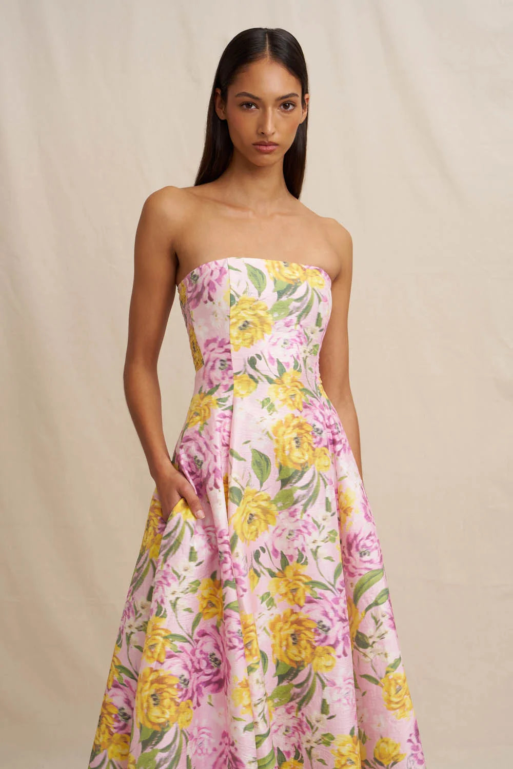 By Johnny Christina Panel Strapless Midi Dress - Lilac Floral