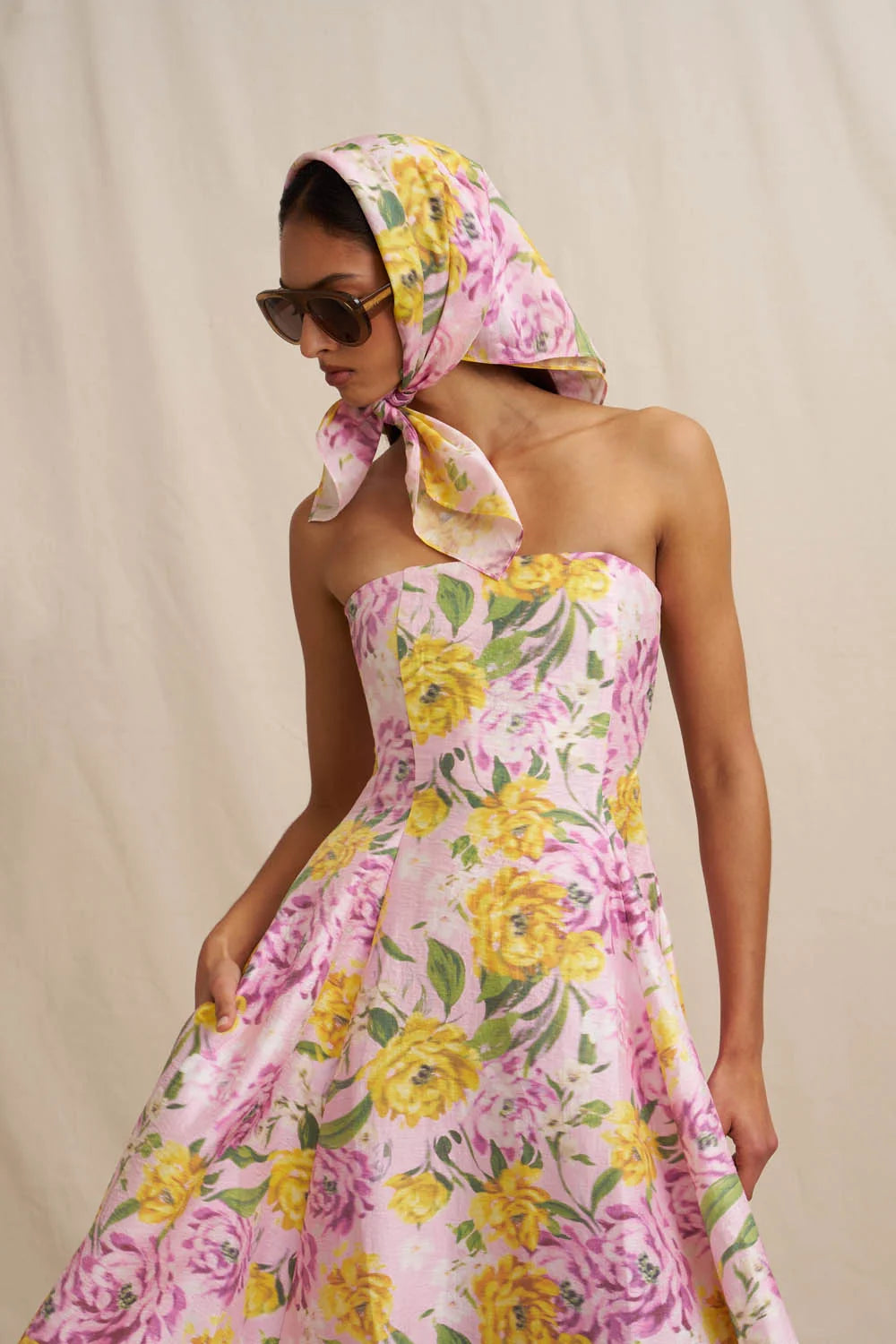 By Johnny Christina Panel Strapless Midi Dress - Lilac Floral