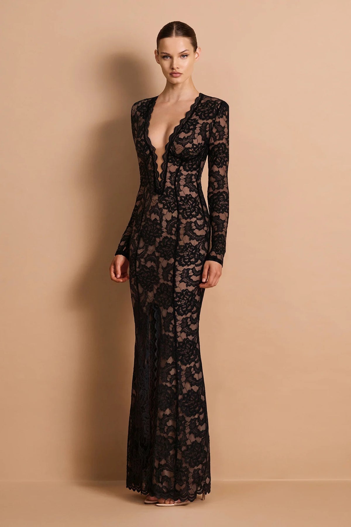 Nookie Delphine Long Sleeve Lace Gown - Black