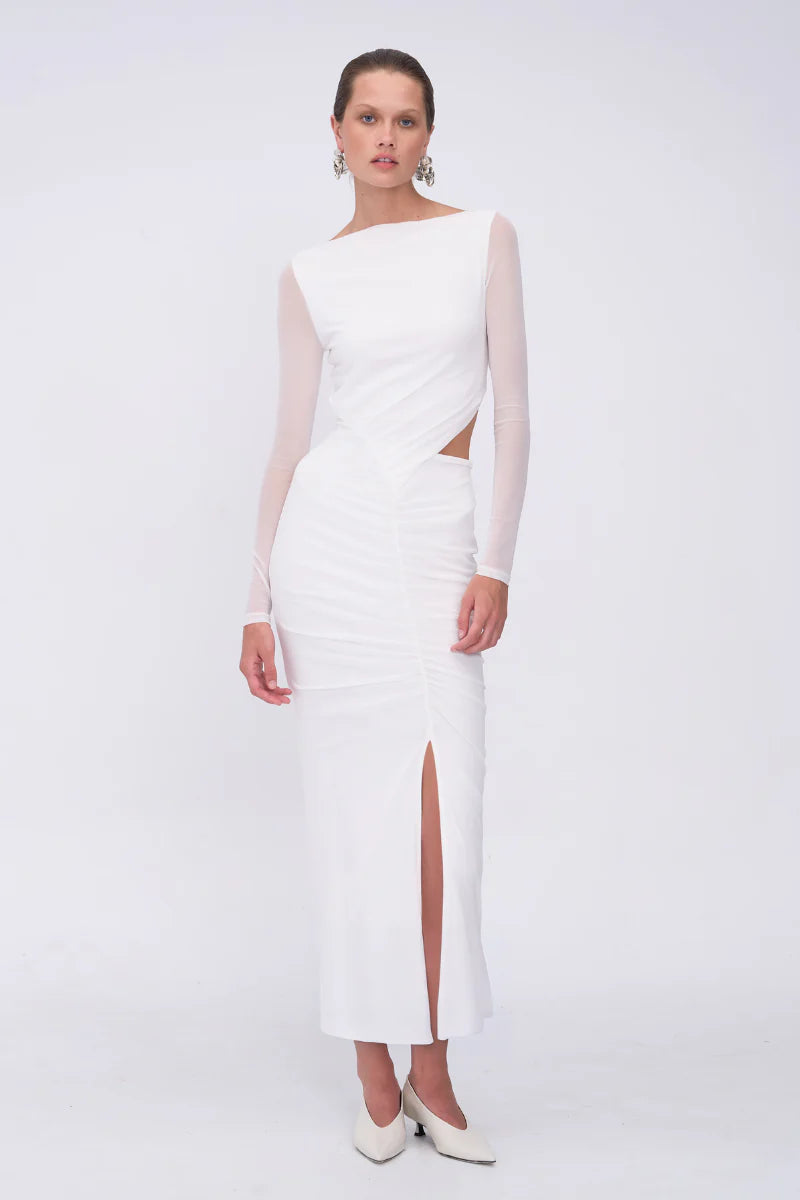 Suboo Christy Mesh Ruched Front Maxi Dress - White
