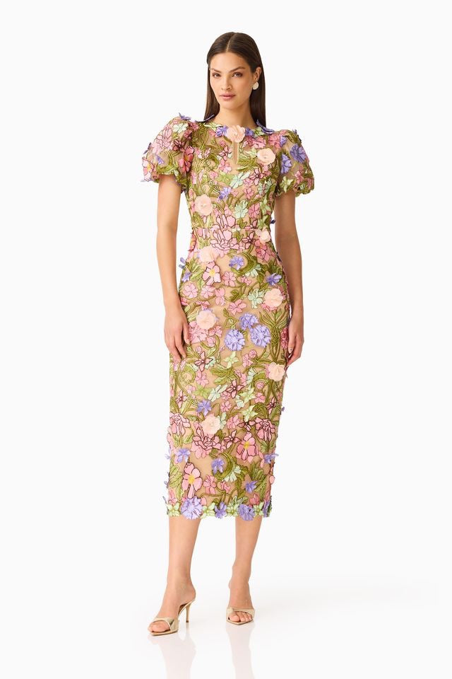 Elliatt Fiora Puff Sleeve Midi Dress - Green Multi