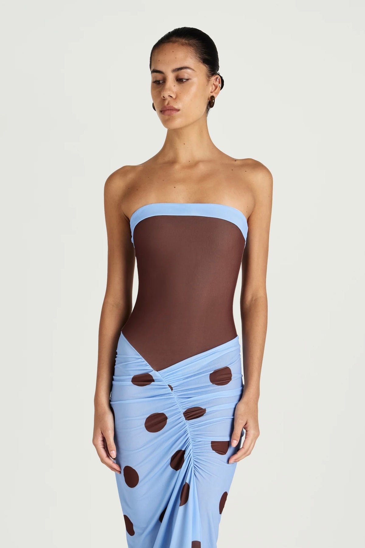 Benni Rumi Strapless Maxi Dress - Blue & Choc Polka